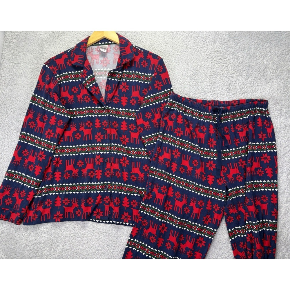Hanna Andersson Womens M Pajama Set Red Reindeer Button Up Top Pants Christmas